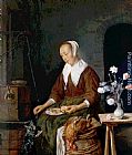 Gabriel Metsu Woman Eating and Feeding her Cat painting